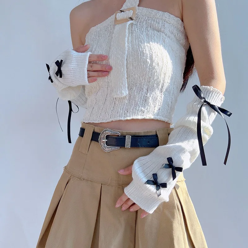 Y2K Coquette Bow Knit Arm Warmers Gothic Black Ribbon Bow Fingerless Gloves Aesthetic Sweet Girls Long Sleeve Cuffs Cosplay Part