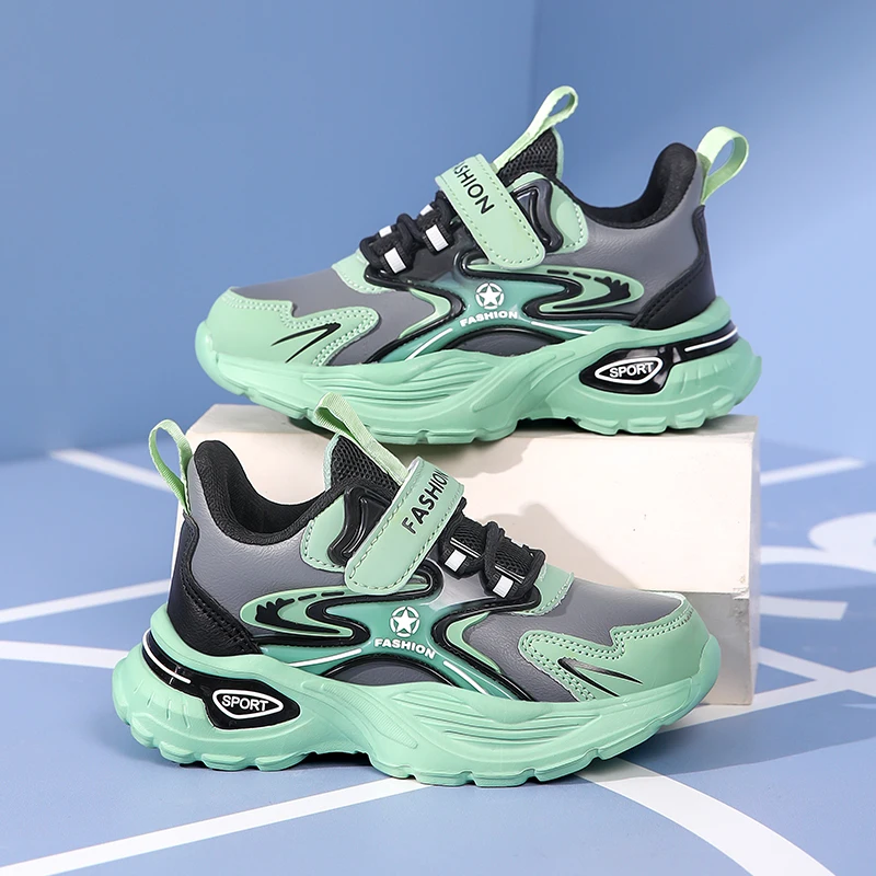 A pair of children's fashion athletic shoes, easy hook-loop closure, flexible shock absorbing deep tread walking sneakersTL-8836