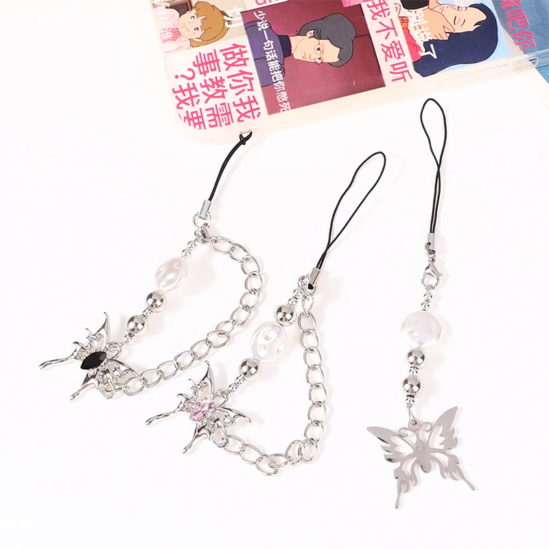 Phone Charm Strap Y2K Keychain Kawaii-Cute Pendant Jewelry Keyring Lanyard String Black Cross-Bow Beaded Chain for Women Girl