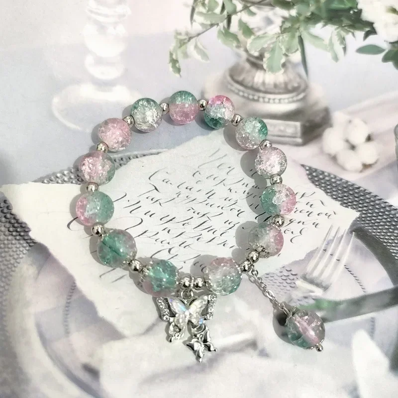 Butterfly New Fairy Crack Cartoon Gradient Texture Glaze Charm Crystal Beaded Bracelet Girls' Elastic Sweet Fashion Jewelry Amag