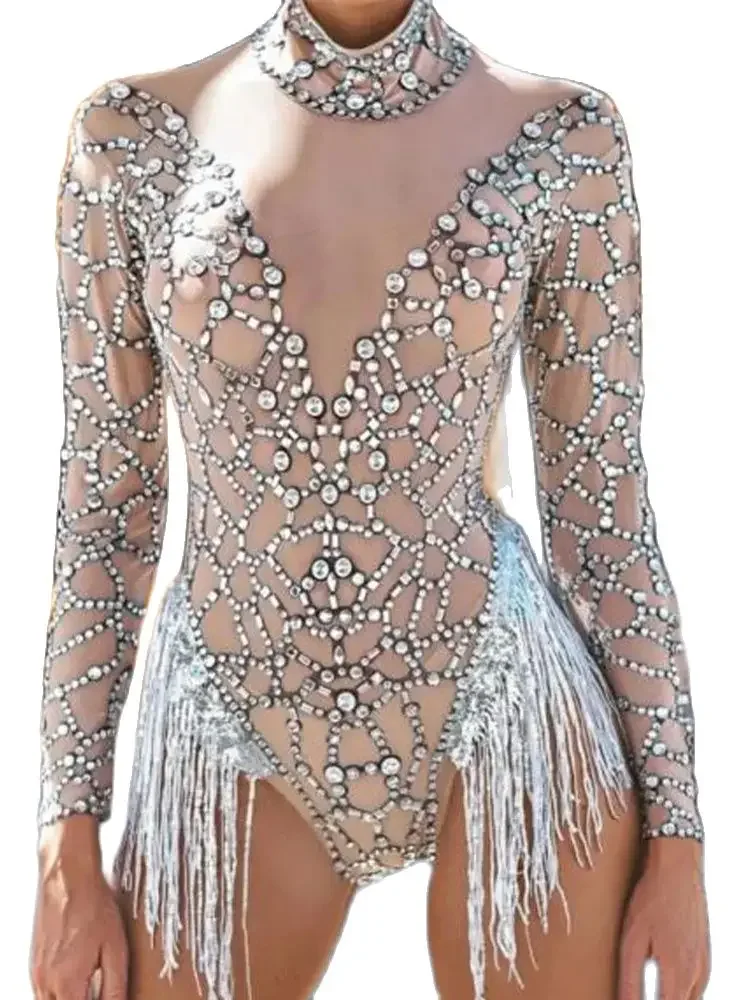 Diamond Tassel Jumpsuit Nightclub Stage Tight Mesh Long Sleeved High Quality Shining Rhinestones Performance Wear