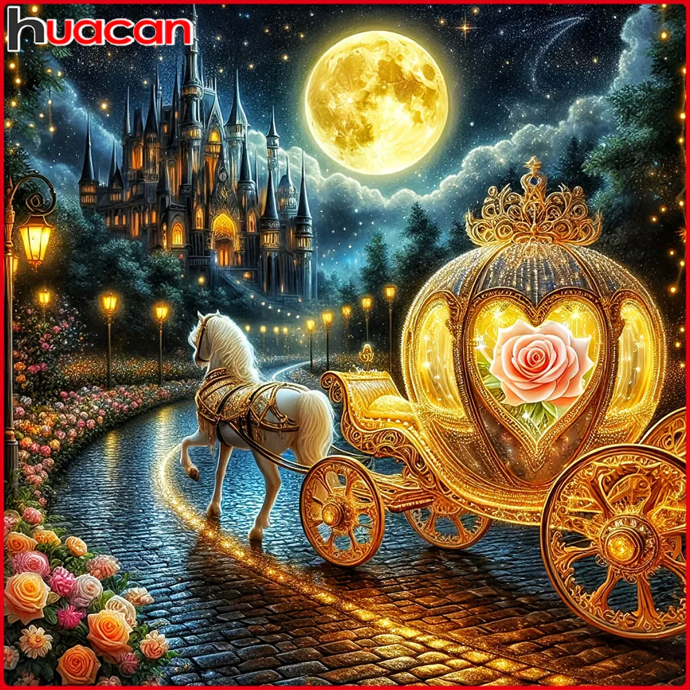 Huacan DIY Diamantmalerei Kutsche Mond Schloss Diamantstickerei Landschaft Komplettset Dekorative Gemälde
