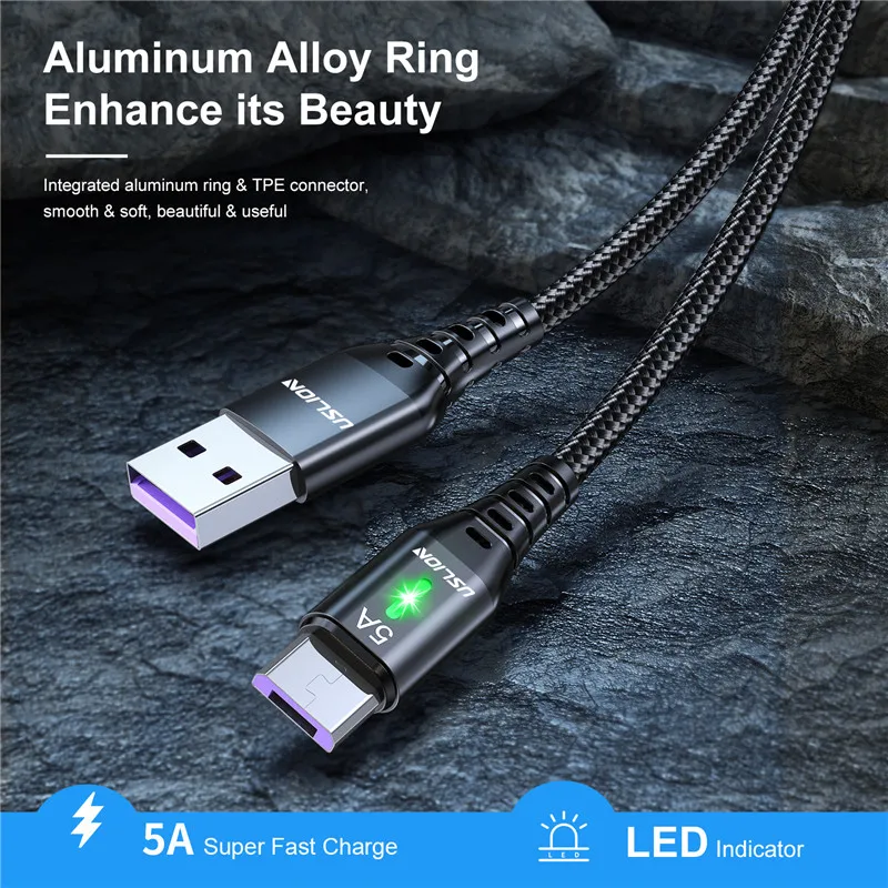 USLION 5A 마이크로 USB 케이블, 고속 충전 케이블, USB to 마이크로 USB 2.0, 안드로이드 충전 코드, 삼성에 적합한 갤럭시 S7 S6 노트 와이어