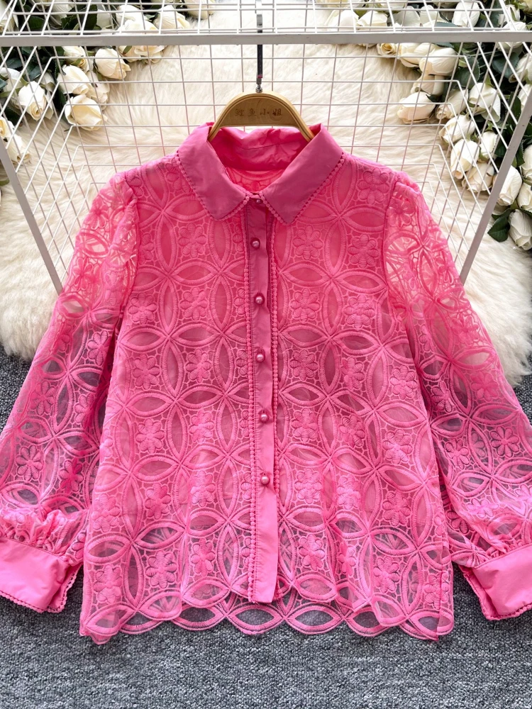 

2026 Новая осенняя женская рубашка с отложным воротником и длинными рукавами, сетчатая кружевная однобортная однобортная рубашка с вырезами на крючках, топы