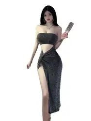 Dresses Sexy Sequin Sparkling Spicy Girl Hollow Top High Waisted Slit Long Dress Nightclub Two-piece Dress Elegant S2EY