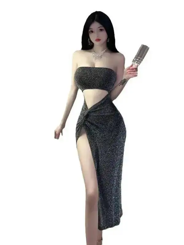 Sukienki seksowne cekiny musujące pikantna dziewczyna top z dziurami z wysokim stanem długa sukienka z rozcięciem klub nocny dwuczęściowa sukienka elegancka S2EY