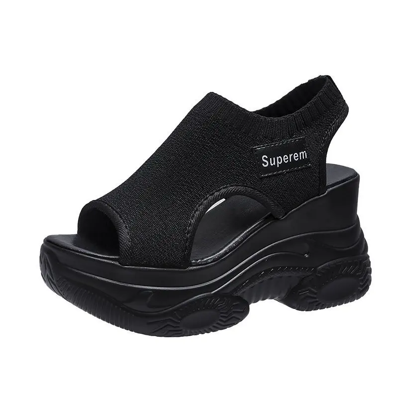 2024 Summer New Knitted Shoes Fairy Fish-mouth Wind Cake Sole High Heel Flying Weave Slope Heel Thick Sole Sports Women\'s Sandal