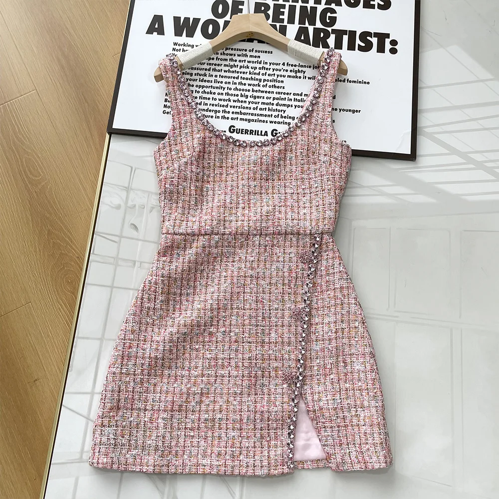 Women single-breasted pink tweed set short gold round collar female jacket dress