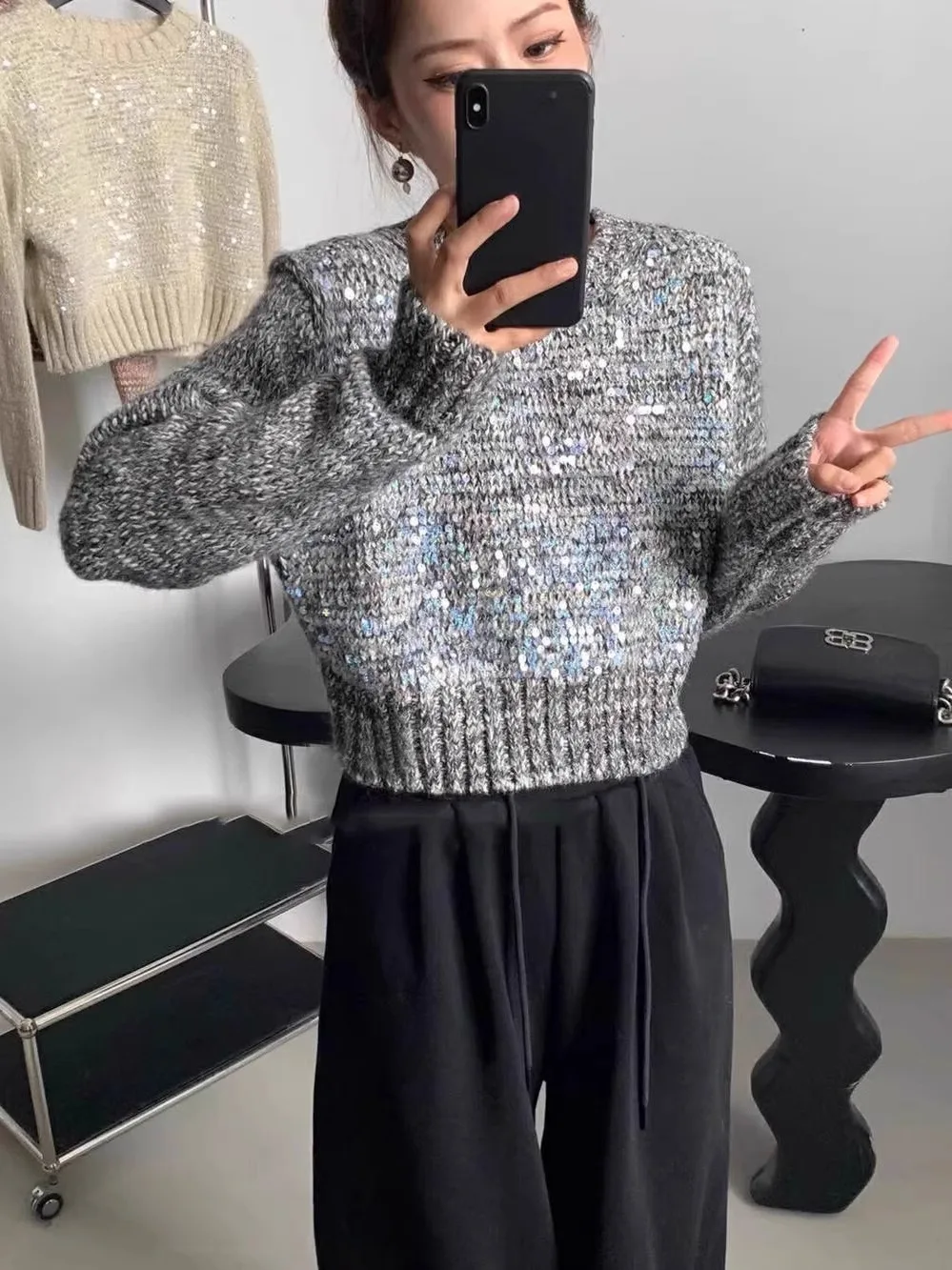 سترة نسائية محبوكة من ort Sequin Lazy Sle مستديرة Ne Long Sve لخريف وشتاء اللون للتنقل Faion كاجوال مريح...