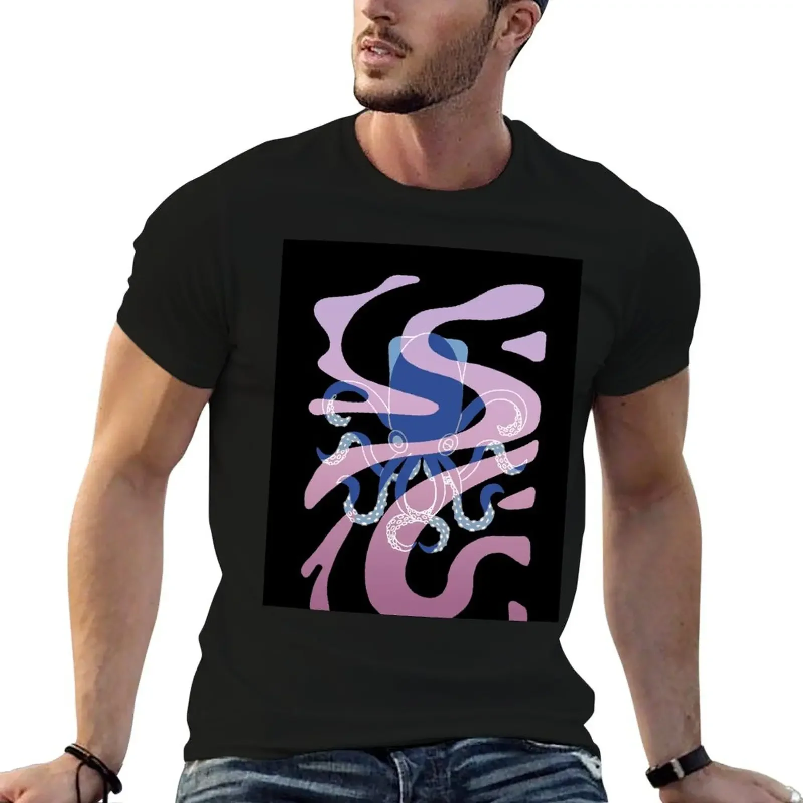 Wavy Squid Lineart Multicolor Ocean Octopus T-Shirt quick drying cute clothes quick-drying shirts graphic tee men