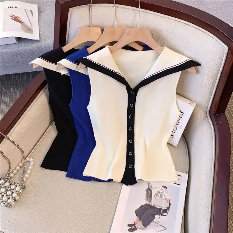 Sailor Collar Sleeveless Knitting Top Female Summer Sweet Slim Patchwork V-neck Cardigan Women Clothes All-match Slim Tops