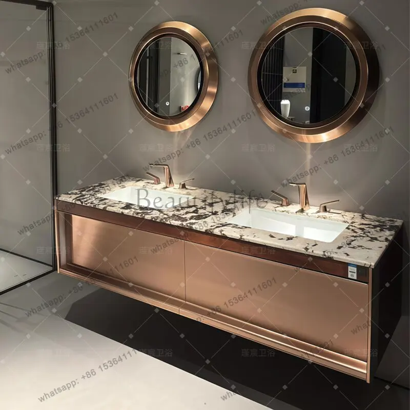 

Designer luxury stone marble bathroom cabinet combination bathroom wash hand basin solid wood baking paint customization