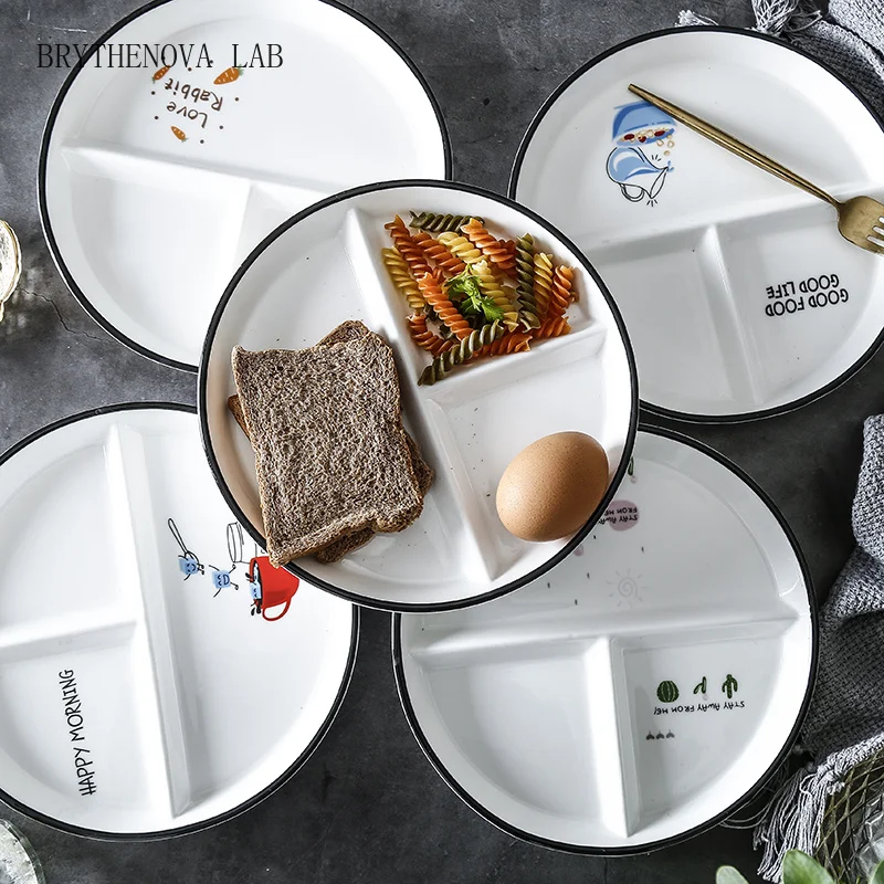 Nordic Circular Partition Plate Ceramic Fruit Dim Sum Dinner Children's Plate, 3-grid Breakfast Fast Food Plates