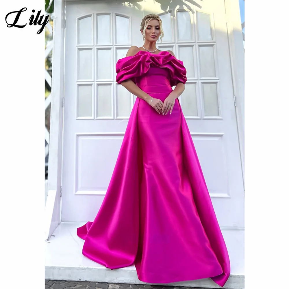 

Lily Fuchsia فساتين السهرة Off Shoulder Maxi Evening Dresses with Voluminous Sleeves and Satin A Line Prom Gown Cust