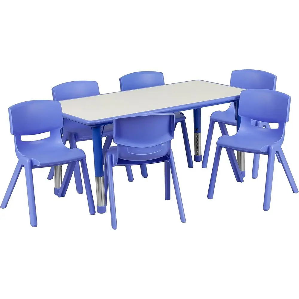 

Emmy Adjustable Classroom Activity Table with 6 Stackable Chairs, Plastic Activity Table or Kids, 23.625" W x 47.25" L, Blue/Gra