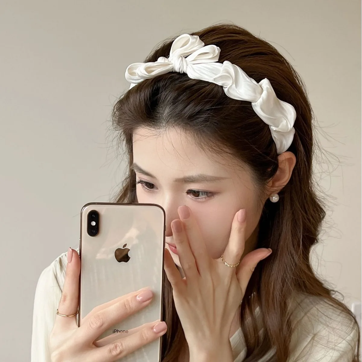 Pearly Silky Pleated Bow Headband For Face Wash Youthful French Style Non Slip Soft Comfortable Daily Hair Accessory
