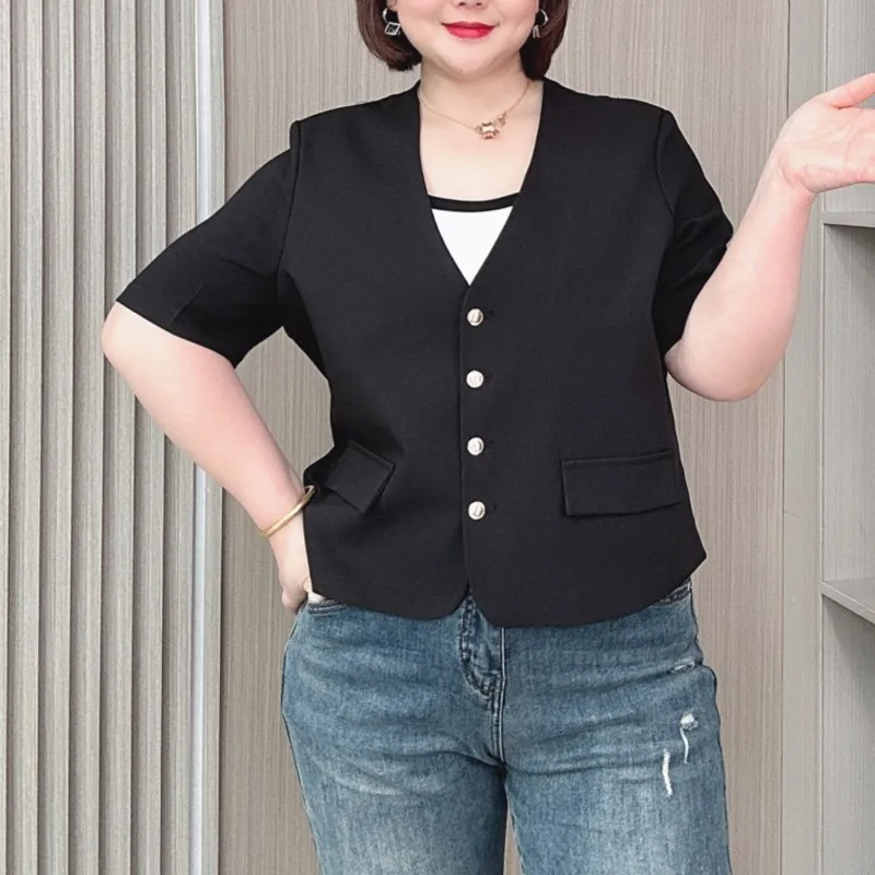 2024 New Plus Size Chic short-sleeved Blazer Women Summer Thin Casual V-Neck single-breasted Suit Jacket