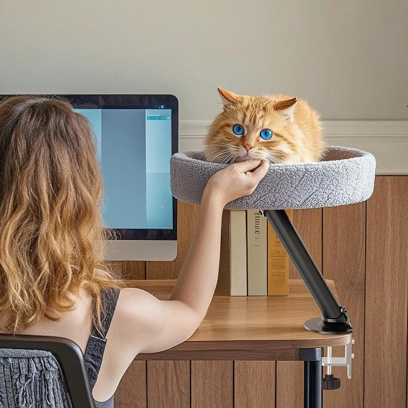 Cat Bed Desk Sturdy Stylish Soft Space Saving Desktop Cat Bed Elevated Round 360° Rotation for Office Home Side Table Study Room