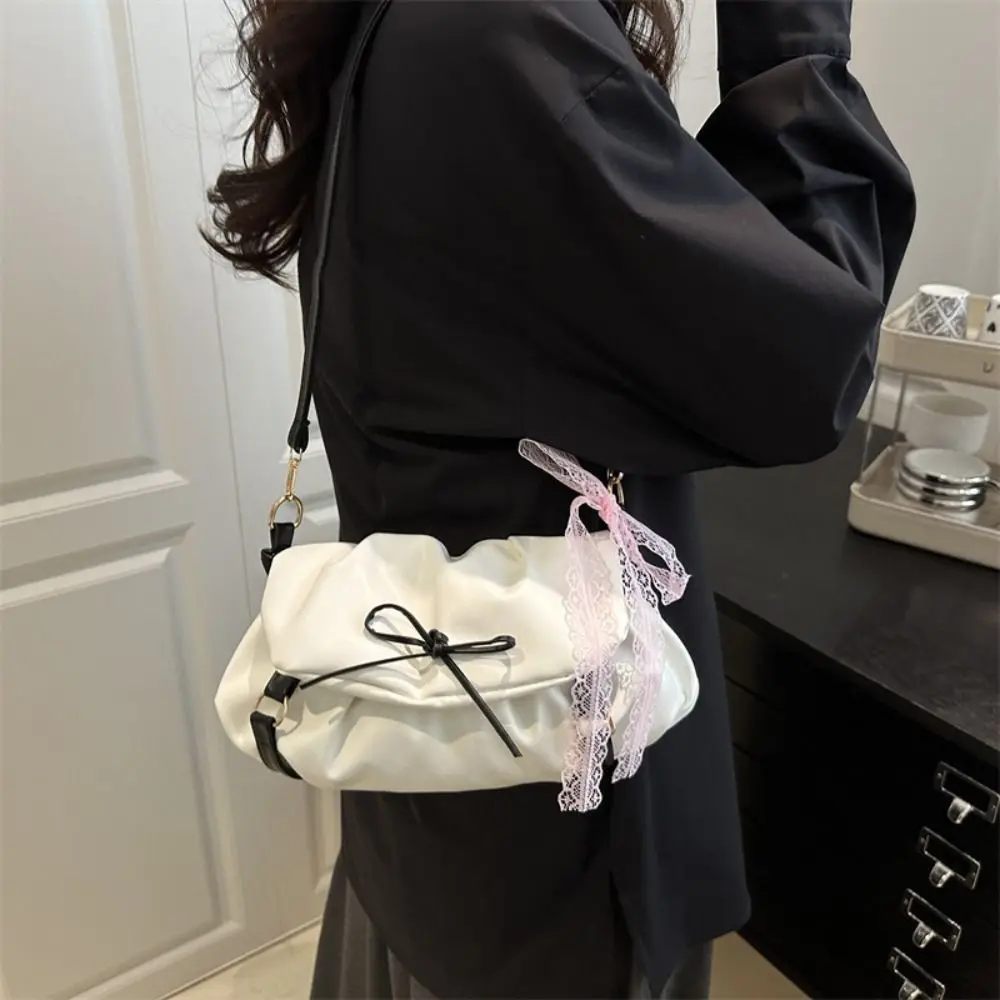 

PU Leather Y2k Shoulder Bags Korean Style Solid Color Balletcore Underarm Bag Pleated Handbag Bow Lace Handbag Streetwear