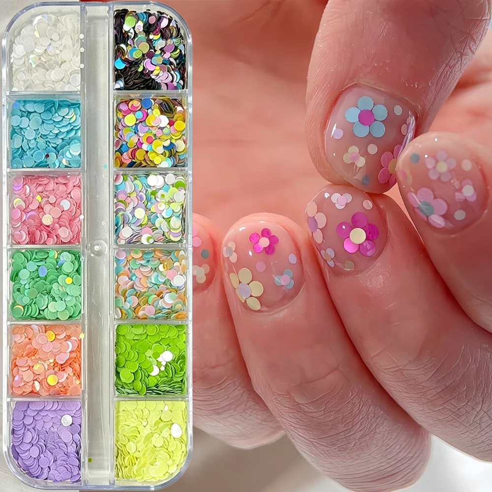 12Grids Macaron Colorful Circular Dots Sequins Nail Charms 3D Round Glitter Polka Dot Nail Paillette DIY Spliced Flower Nail Dec