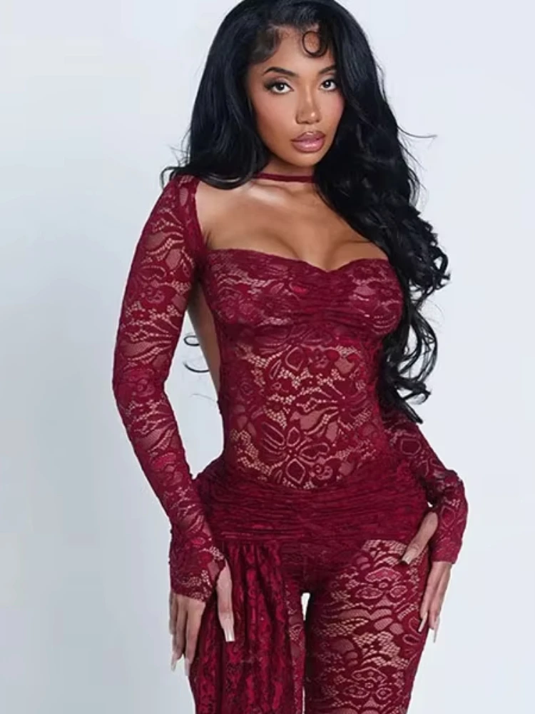 ชุดเซ็กซี่ 2 ชิ้นสำหรับผู้หญิง ผ้าลายปะติด คอวีลึก โชว์หลัง แขนยาว บอดี้สูท+กางเกงขายาวรัดรูปผูกโบว์ แฟชั่นทันสมัย