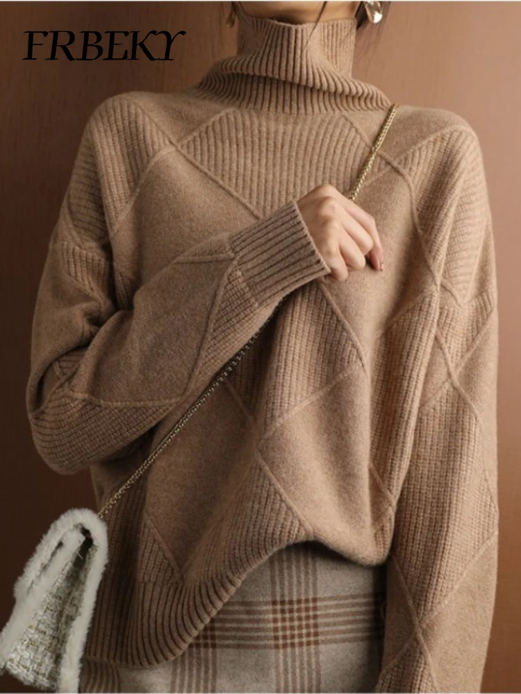 Turtleneck Sweater Autumn Winter Diamond Solid Color Warm Pullover Loose Lazy Wind Knitted Bottoming Shirt Pullovers Tops Jumper