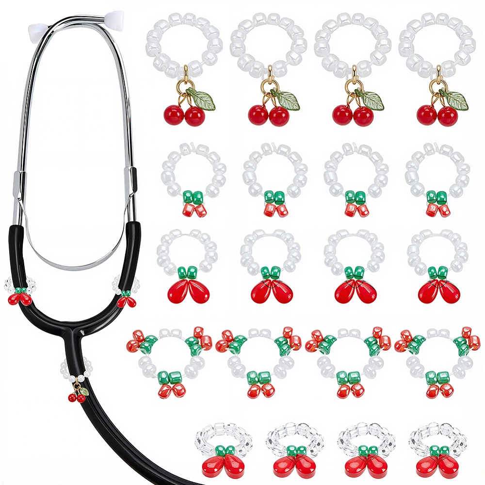 20Pcs 5 Styles Stethoscope Accessories Charms Stethoscope Personalized Charm Aesthetic Adjustable Strawberry Glass Bead Ring