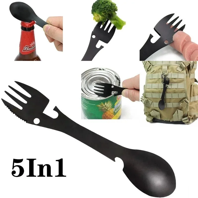 Outdoor Survival Tools 5 in 1 Camping Multi-functional EDC Kit Practical Fork Knife Spoon Bottle/Can Opener