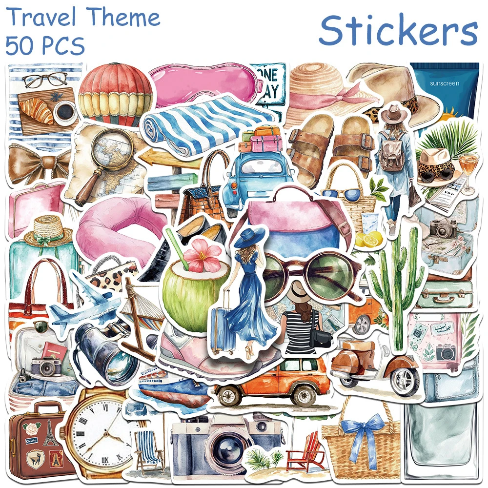 

10/30/50/100pcs Watercolor Outdoor Travel Cartoon Graffiti Stickers Retro Aesthetic DIY Stationery Suitcase Cool Sticker Kid Toy