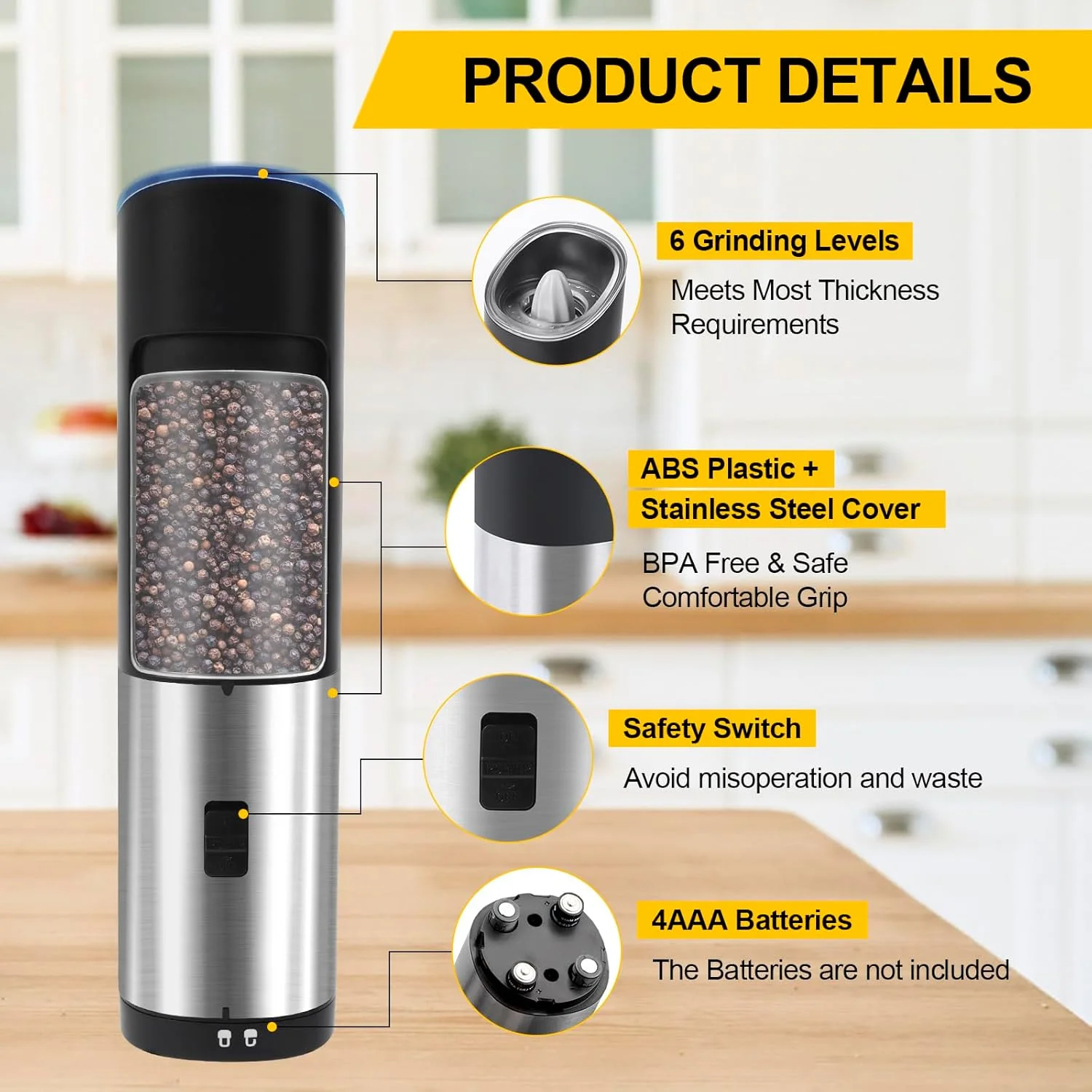 Electric Pepper Grinder Automatic Salt And Pepper Grinder Battery Powered Adjustable Coarseness Spice Mill Kitchen Gadget Tools