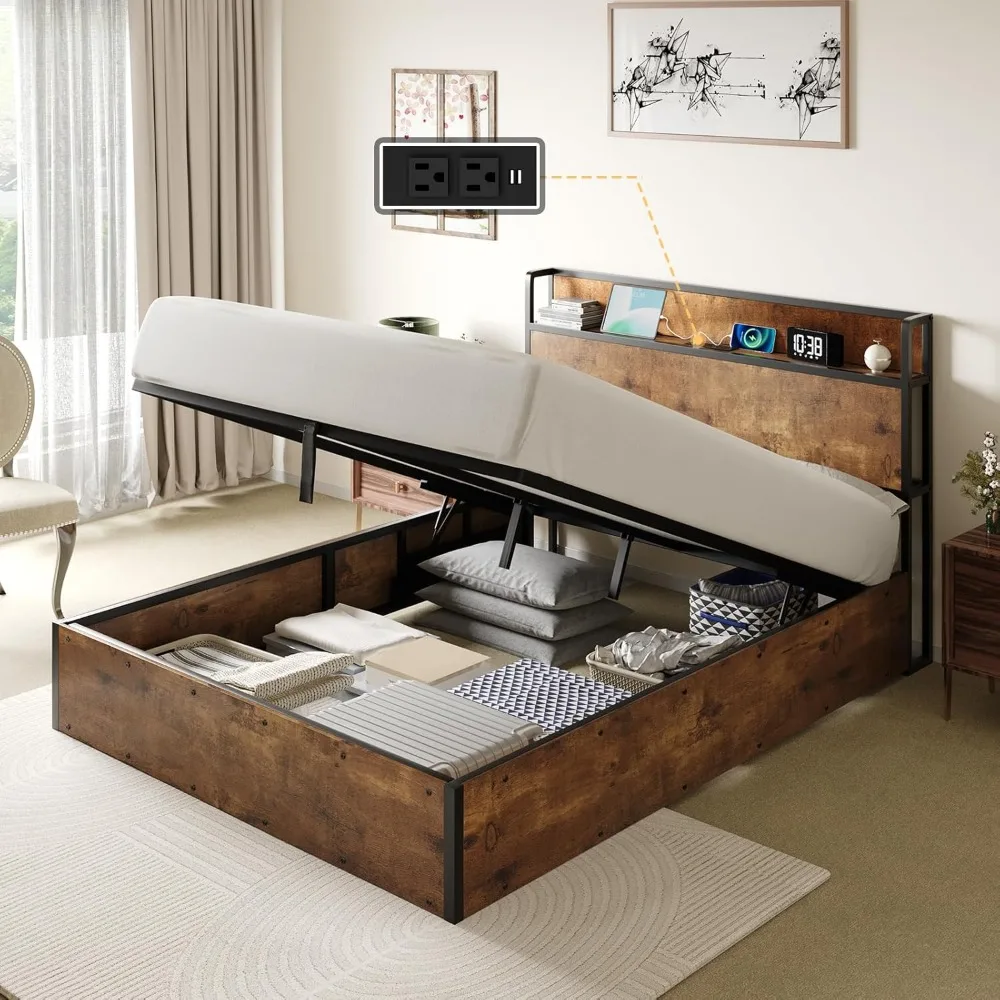 

Queen Size Lift Up Storage Bed Frame, Wooden Platform Bed Frame with Lifting Storage & Charging Station, No Spring Box