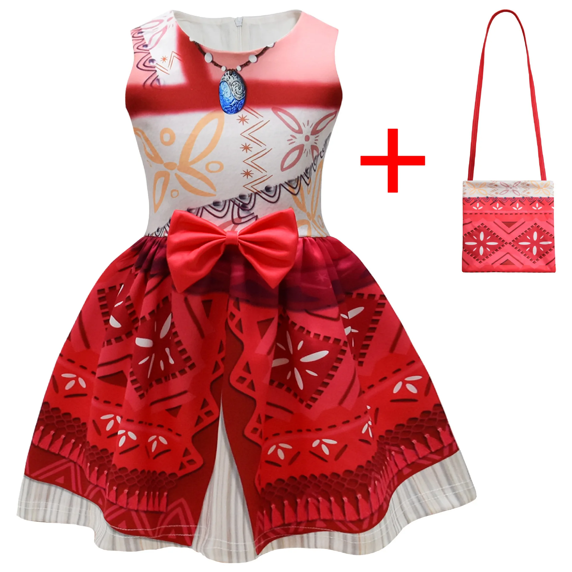 New Disney Moana Dresses Princess Dress Kids Cosplay Costume Necklace Wig Pig Doll One-Shoulder Suspender Dress Accessories Set