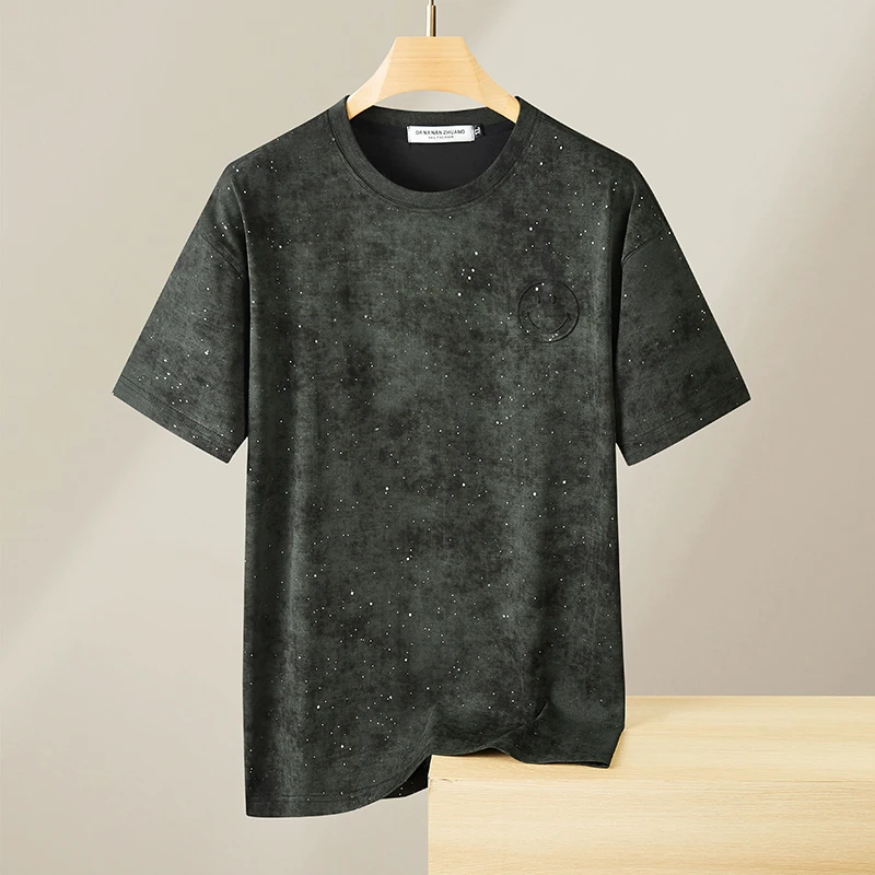 Luxury Man Plus Size Short Sleeved T-Shirt Hotfix Rhinestone Round Neck Korean-Style Youth Popular Summer New Tops Leisure Men's