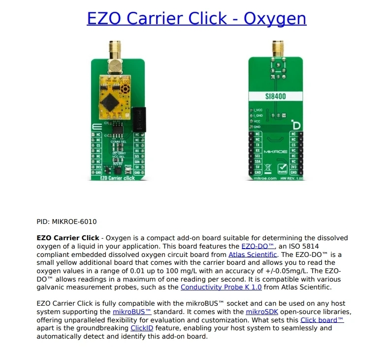 MIKROE-6010 EZO Carrier Click - أدوات تطوير مستشعر الأكسجين متعددة الوظائف