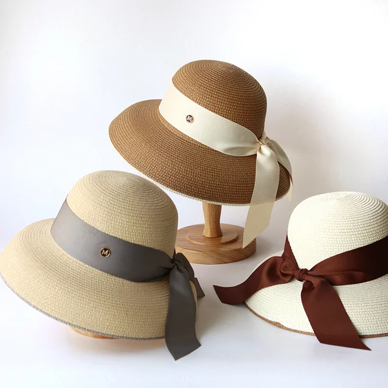 

Fashion French Hepburn Style Fisherman Bucket Hat Wide Brim Korean Fashion Sunscreen Hat Strap Straw Cap Designer Wedding Hat