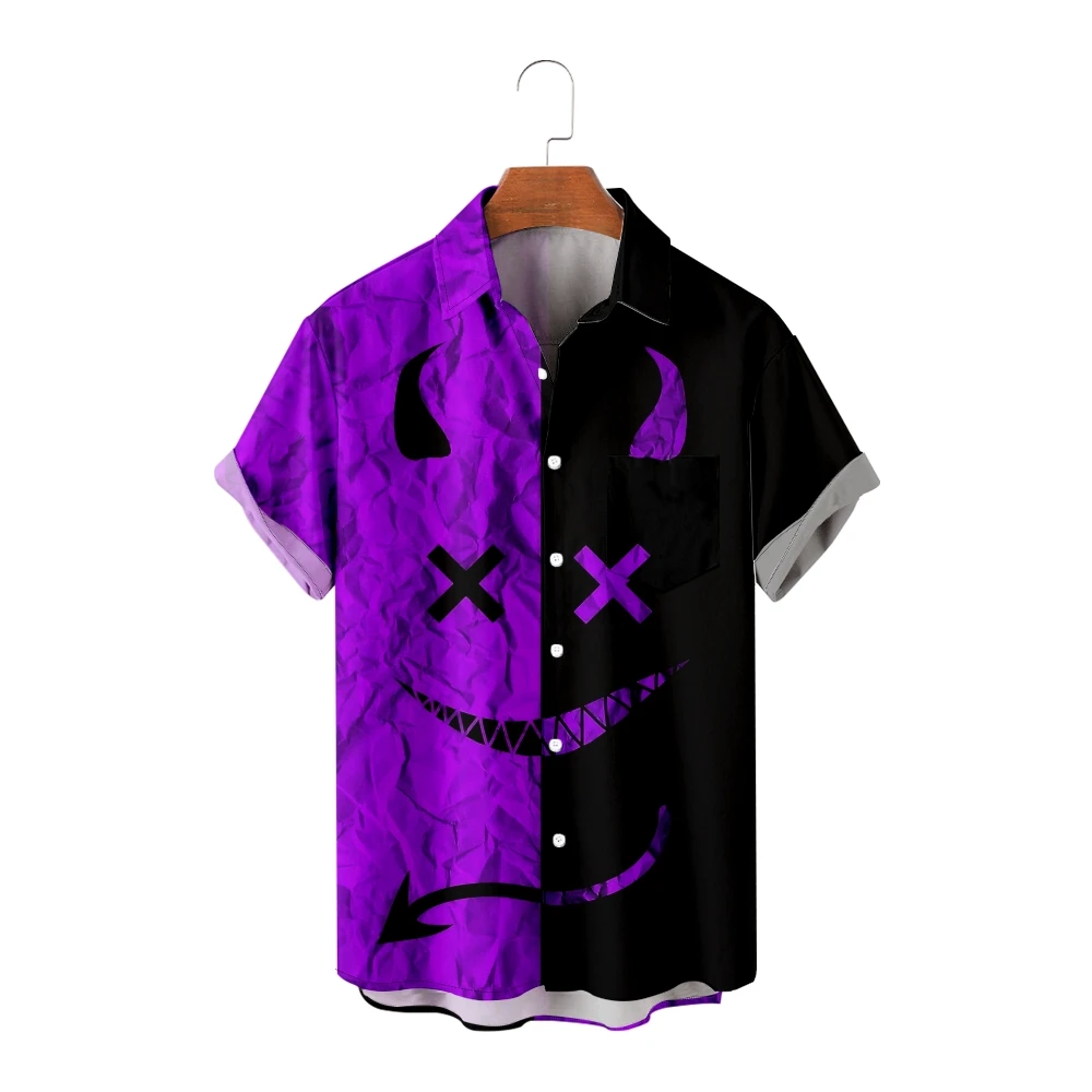 

Hawaiian Shirts for Men Black and Purple Patchwork Design Demon Print Short Sleeve Shirts Summer Beach Vacation Tops Breathable