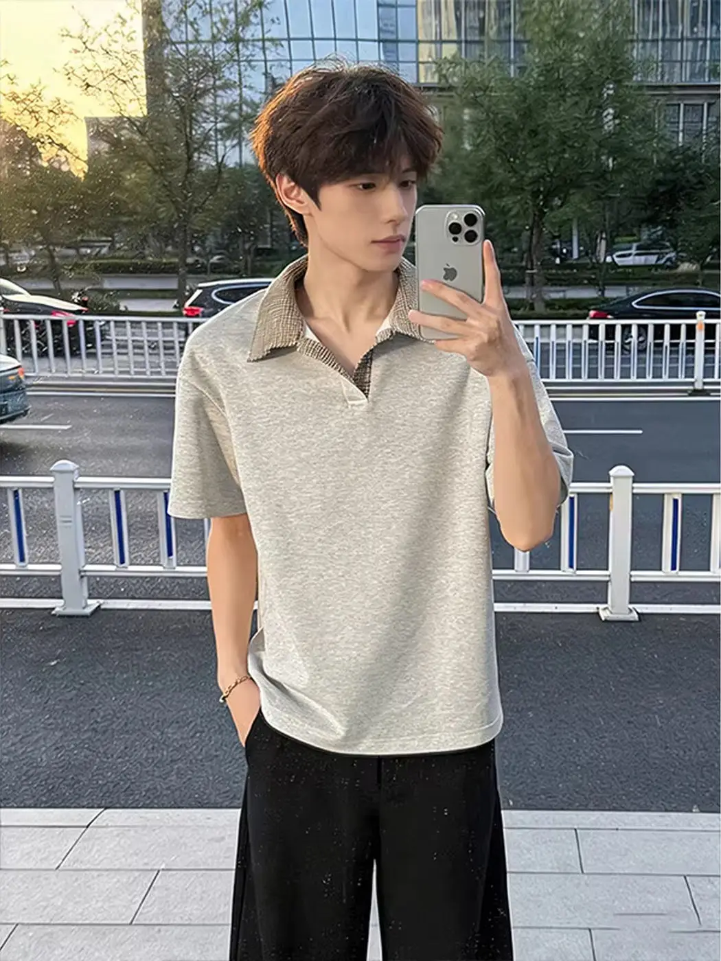 Preppy Plaid Splice Fake Two-Piece Short Sleeve Men's Handsome  Shirt American Style Heavyweight Turn-down Collar Shoulde...