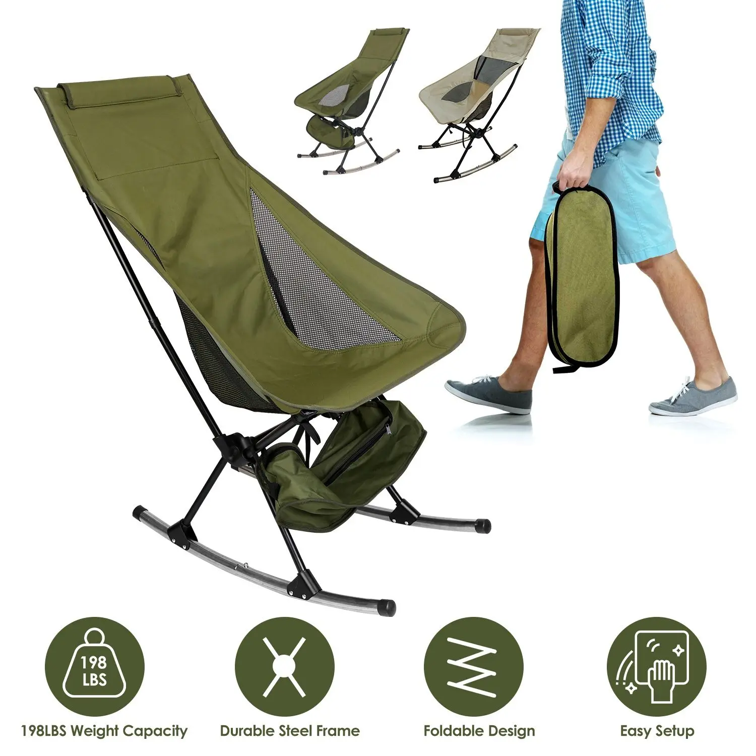 Portable Camping Rocking Chair 198LBS Weight Capacity Included Carry Bag High Back Rocker Chair For Patio Fishing Beach Lawn Tra