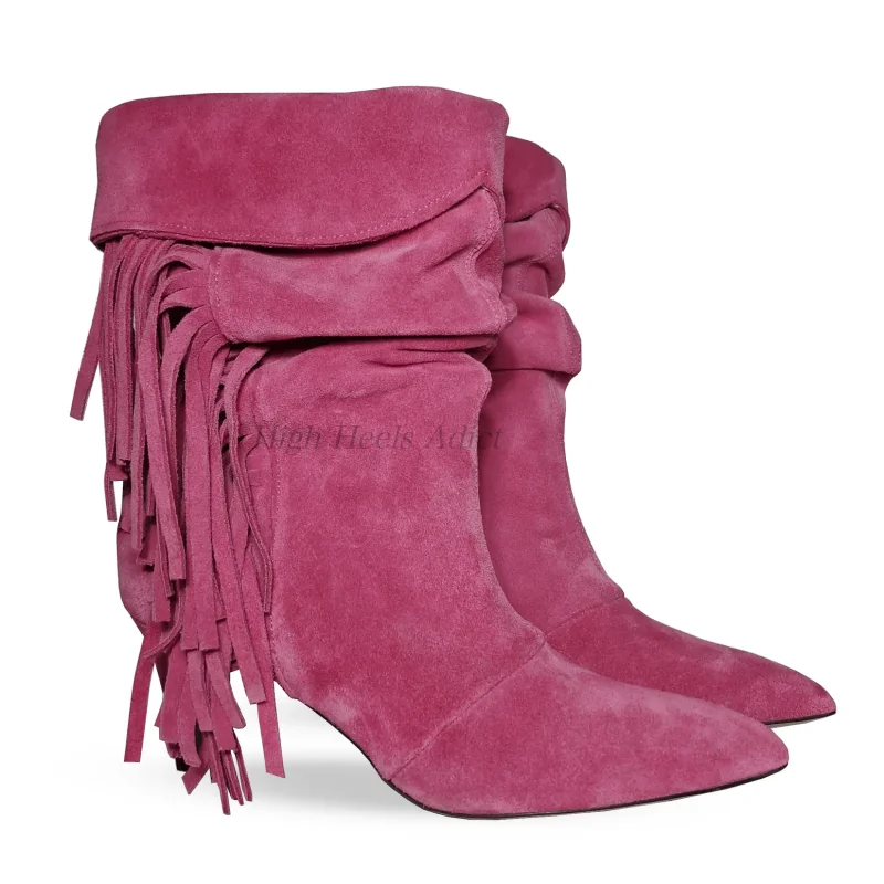 

Розовые/серые/черные замшевые ботинки до середины икры с кисточками, ботинки в стиле вестерн на высоком каблуке с острым носком, роскошные дизайнерские туфли для вечеринок