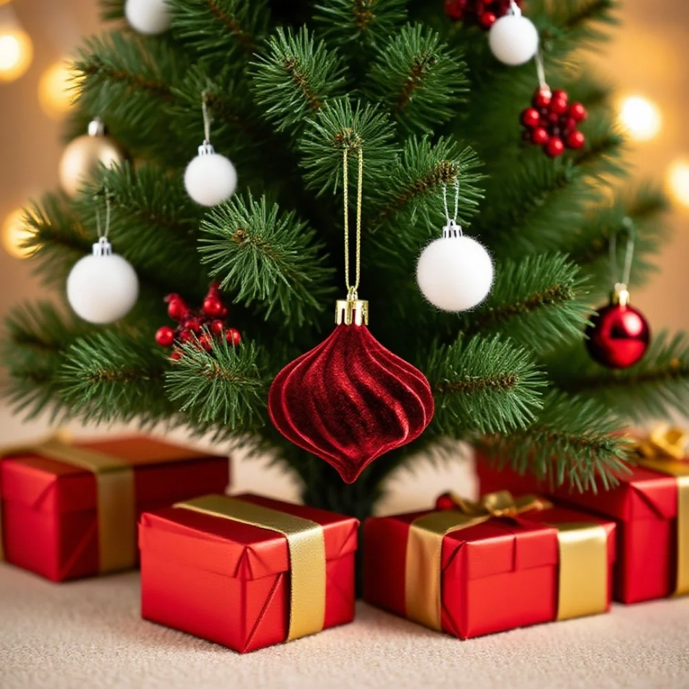 

Plush Onion Shaped Christmas Ornaments Set with 12 Pieces in Pink Red Gray Green for Tree Decoration and Home Use