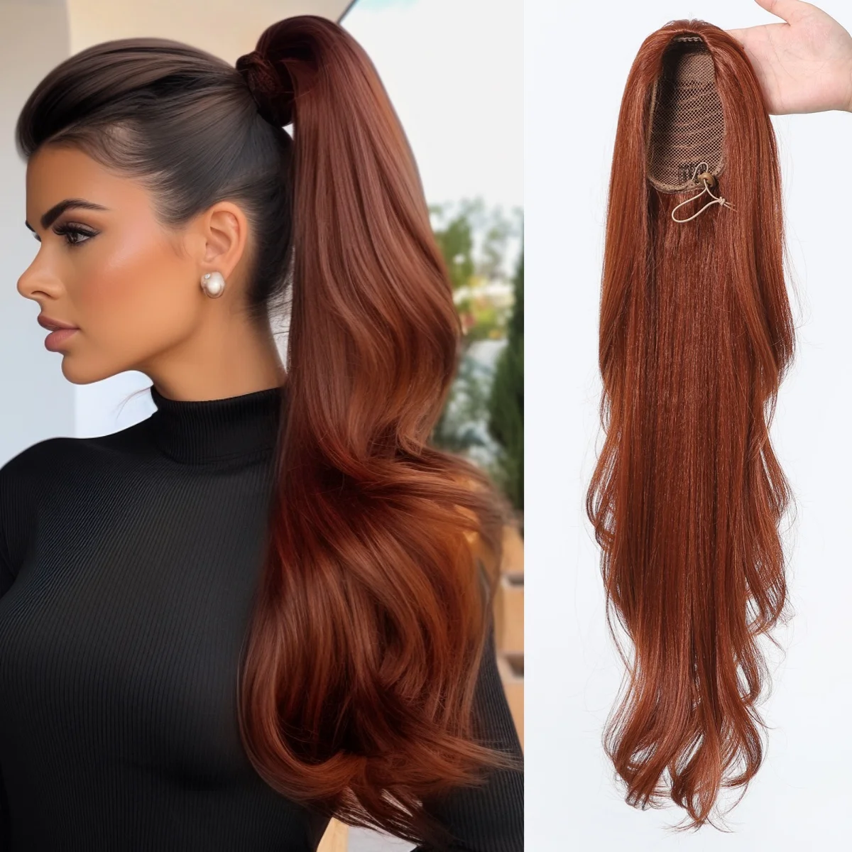 Long Wavy Synthetic Ponytail Orange Brown Natural Wavy Drawstring Hair Extensions for Women Daily Party Use Ponytail Wigs