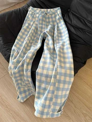 Women's Blue Plaid Pants Baggy Y2k 90s Aesthetic Streetwear Oversize Wide Leg Pants Vintage Harajuku High Waist Trousers Clothes