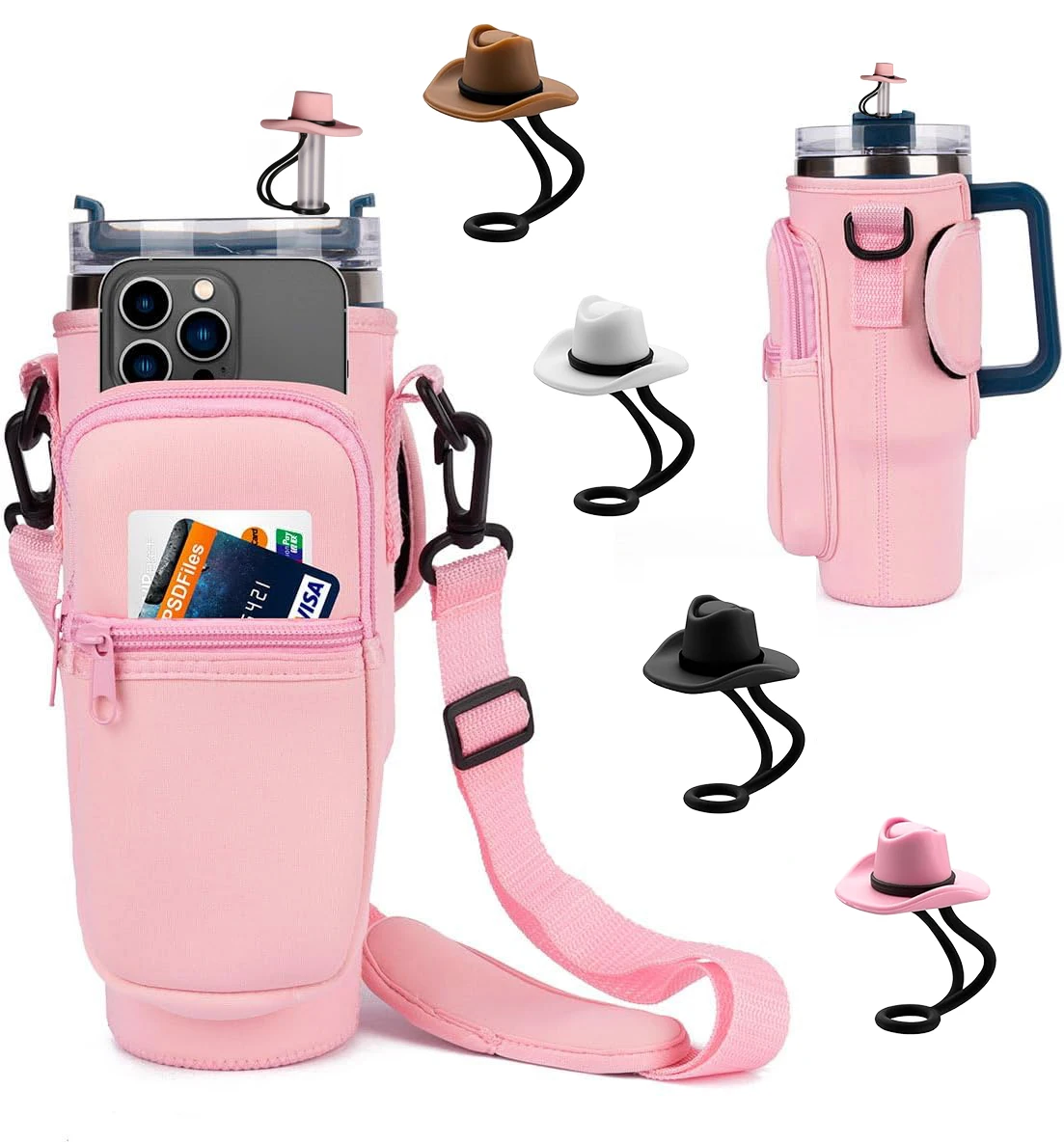 TY Pink Water Bottle Carrier Bag with Phone Pocket for 40oz Tumbler with Handle Neoprene Water Bottle Holder Pouch