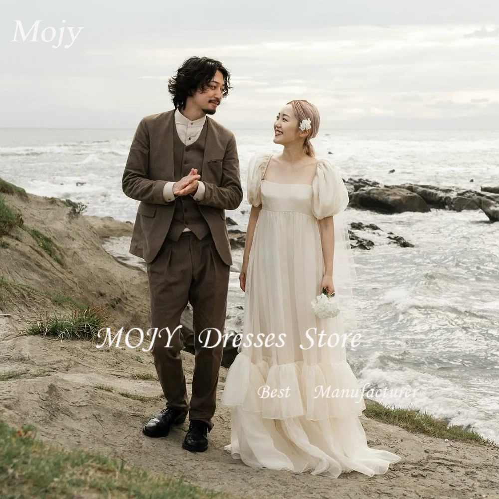 فساتين سهرة بأكمام منتفخة حلوة من Mojy بطبقة مستقيمة لحفلات الزفاف الكورية تبادل لاطلاق النار من الحرير تول فساتين حفلات مخصصة مشد لحفلات الزفاف