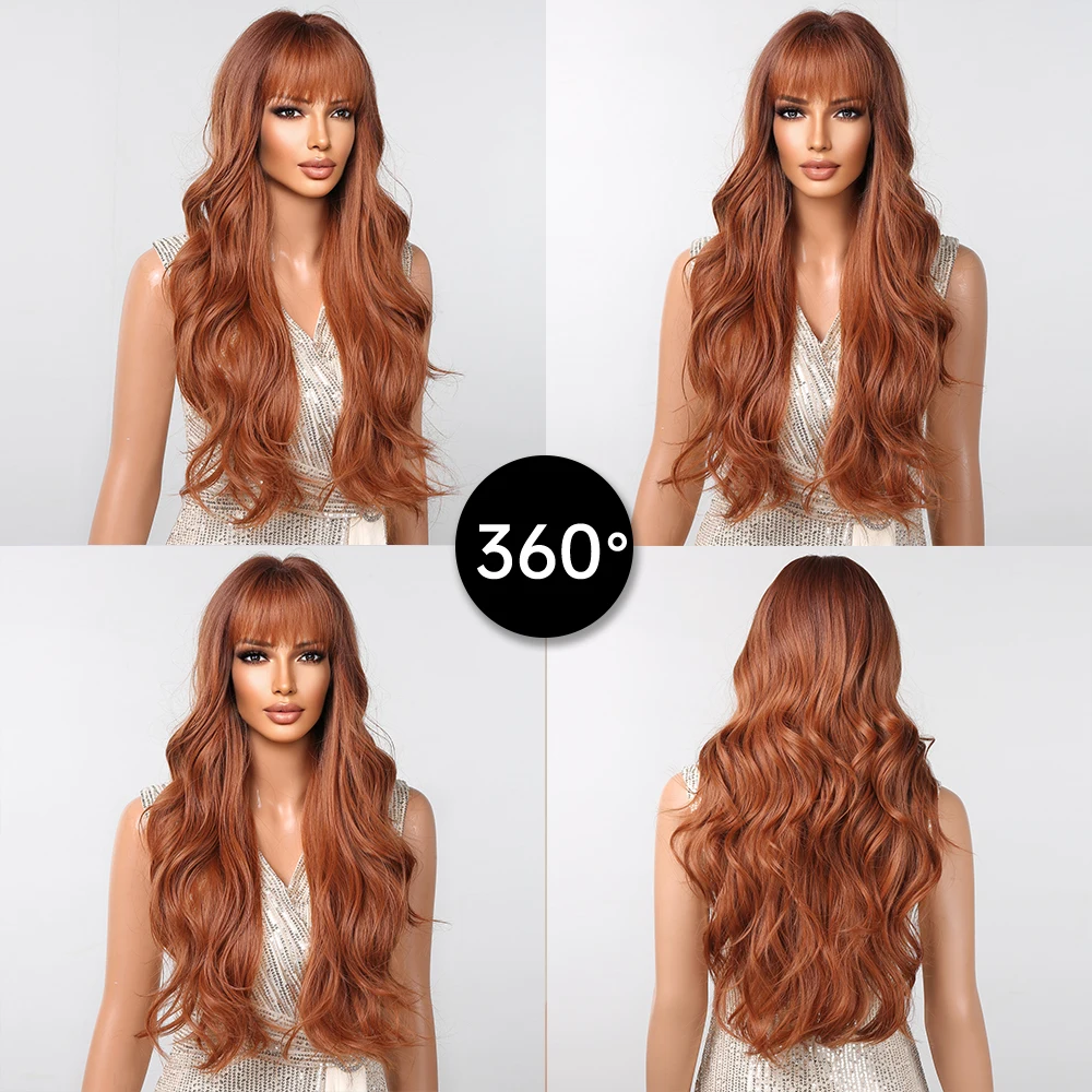 Long Wavy Orange Brown Synthetic Wig with Bangs, Cosplay