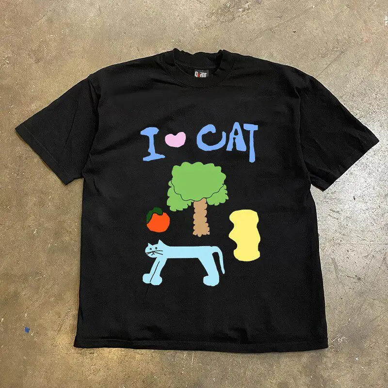 Summer New Item I Love Cat Pure Cotton Cartoon Printed T-shirt New Men's and Women's Clothing Summer Fashion Short Sleeved Shirt