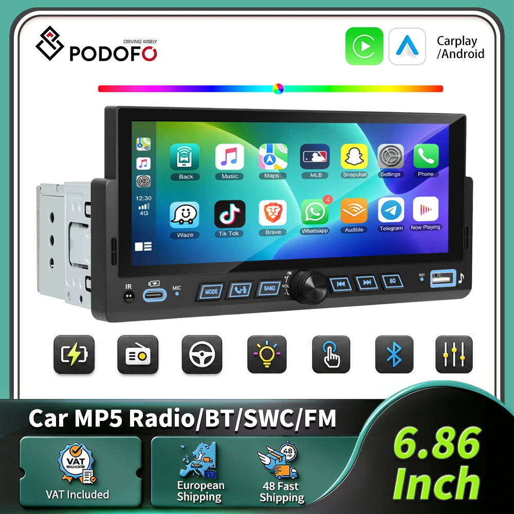 Podofo 1Din 6,86 Zoll Autoradio Kabelloses Carplay Android Auto Smart Car System MirrorLink Universelles Auto-MP5-Player HD-Touchscreen Multimedia-Player Audio-Stereoanlage BT-Unterstützung USB