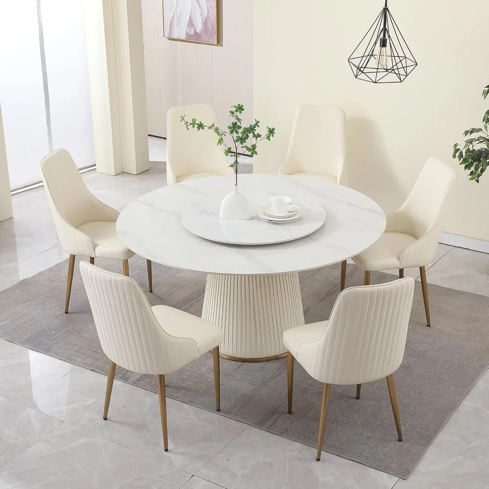 Set tavolo da pranzo rotondo da 7 pezzi con Lazy Susan rimovibile, tavolo da pranzo di lusso in marmo da 59 pollici D, set di 6, moderno pietra sinterizzata