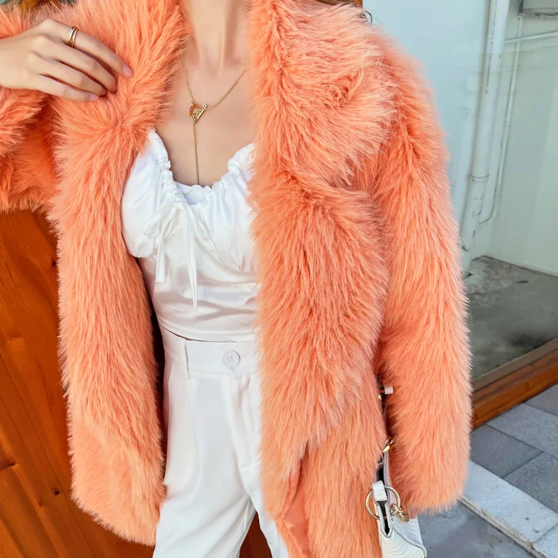 Women Imitation Fox Faux Montage Jacket Lapbel Female Loose Medium Long Coat Elegant Thermal High Street Plush Coats Winter
