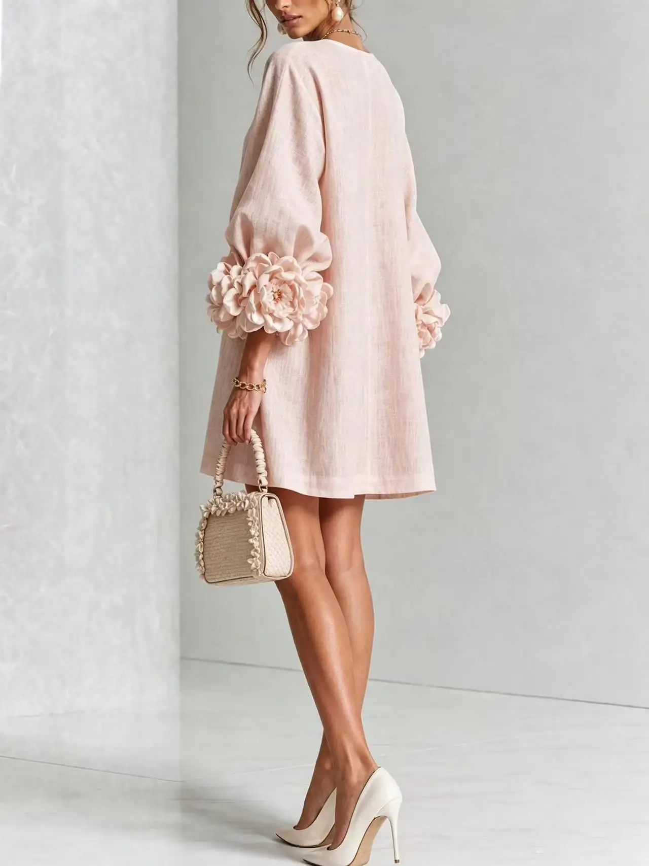 Damen Französisches 3D-Blumenkleid mit Laternenärmeln aus Baumwolle und Leinen, Rundhals, einreihig, locker geschnitten, kurzes Urlaubskleid für mollige Frauen – Detail 2